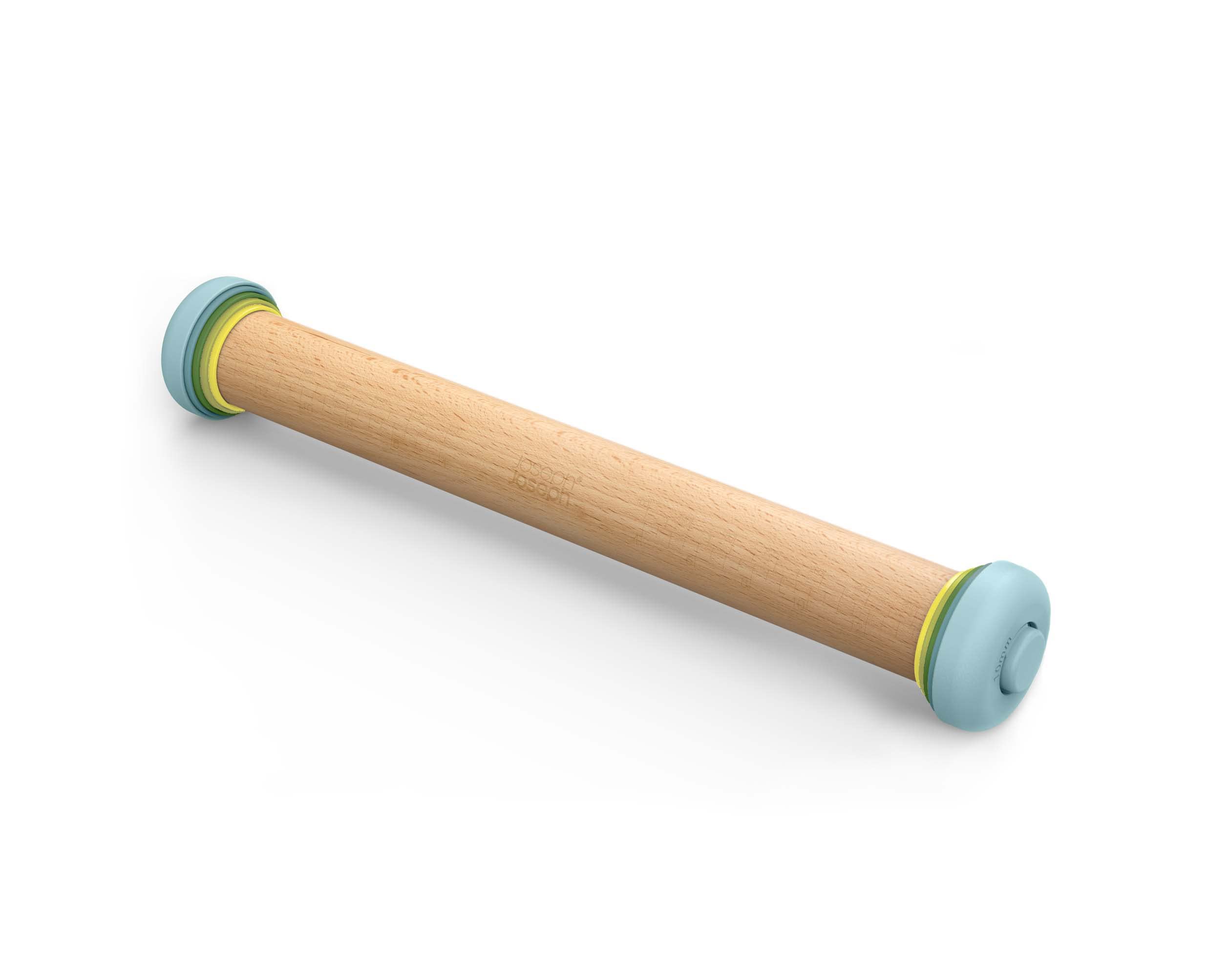 Joseph Joseph Duo beech wood adjustable rolling pin with five sets of color-coded thickness rings arranged beside it on a white background