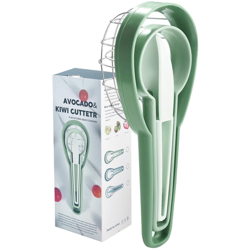 3-in-1 avocado slicer tool set with stainless steel cutter, pit remover, and kiwi peeler on a white kitchen surface next to a halved avocado