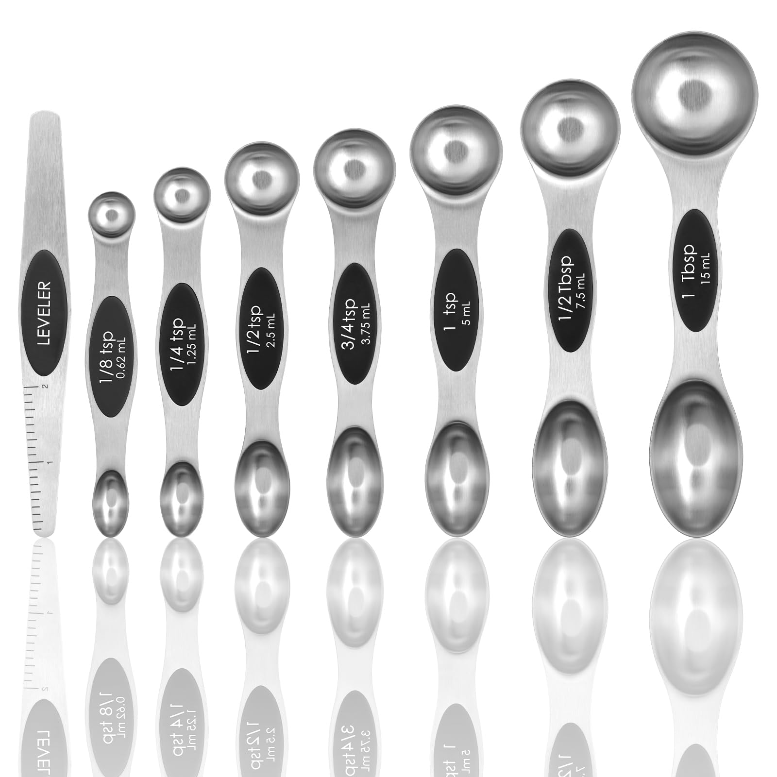 Set of 8 black stainless steel magnetic measuring spoons nested together, showing dual-sided oval and round ends with US and metric markings